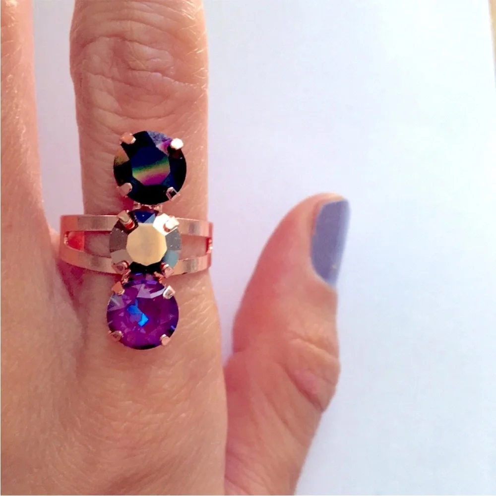 Gold, Iridescent Black + Burgundy Rose Gold Crystal Ring